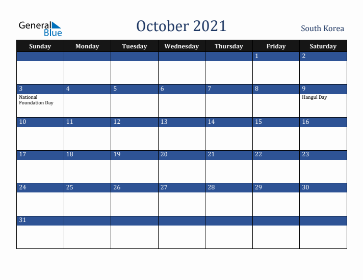 October 2021 South Korea Calendar (Sunday Start)