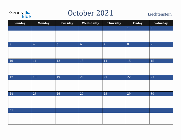 October 2021 Liechtenstein Calendar (Sunday Start)