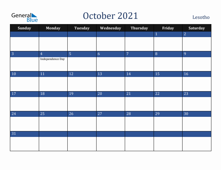 October 2021 Lesotho Calendar (Sunday Start)
