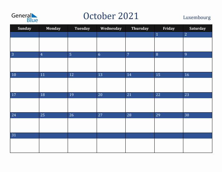 October 2021 Luxembourg Calendar (Sunday Start)
