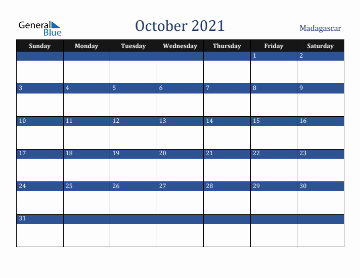 October 2021 Madagascar Calendar (Sunday Start)