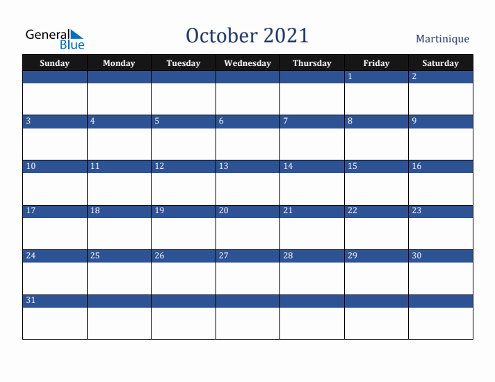 October 2021 Martinique Calendar (Sunday Start)