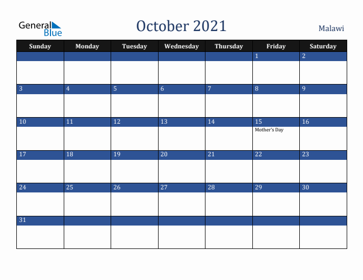 October 2021 Malawi Calendar (Sunday Start)