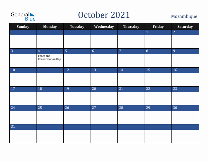 October 2021 Mozambique Calendar (Sunday Start)