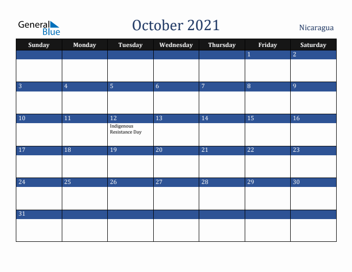 October 2021 Nicaragua Calendar (Sunday Start)