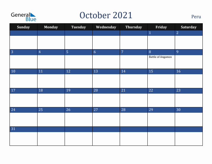 October 2021 Peru Calendar (Sunday Start)