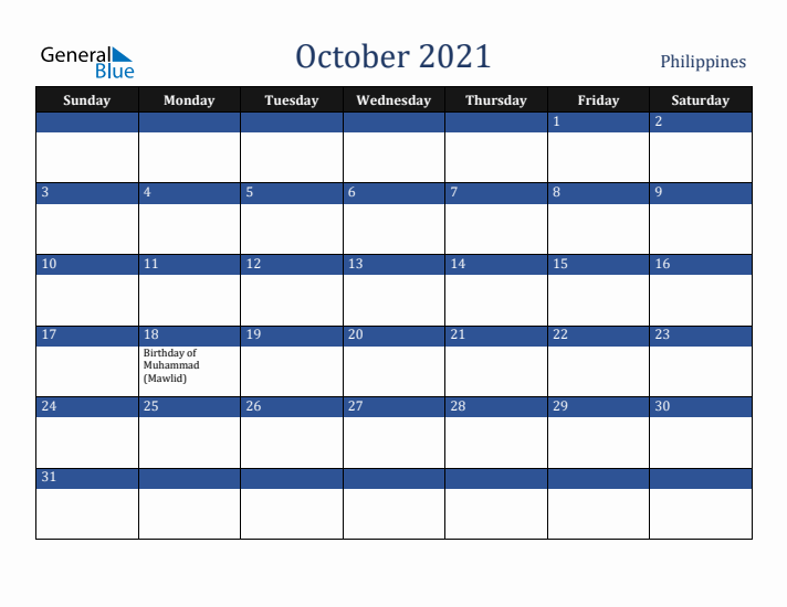 October 2021 Philippines Calendar (Sunday Start)