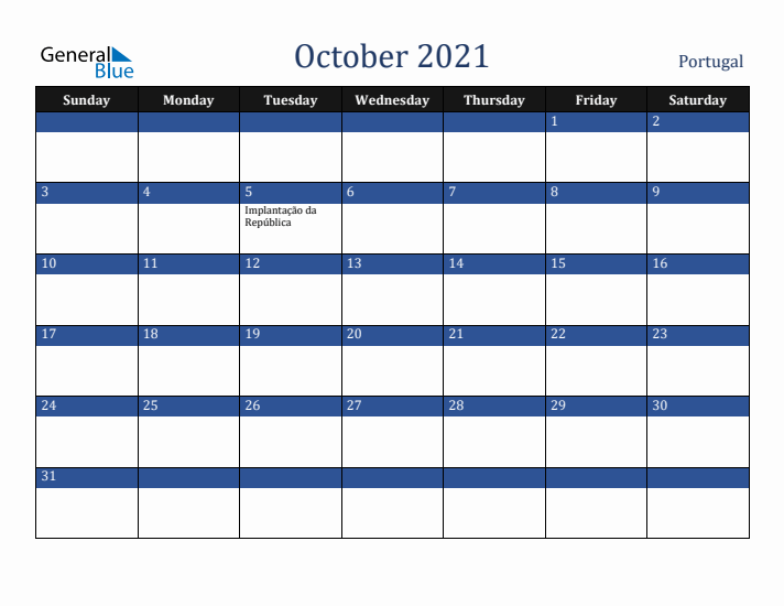 October 2021 Portugal Calendar (Sunday Start)