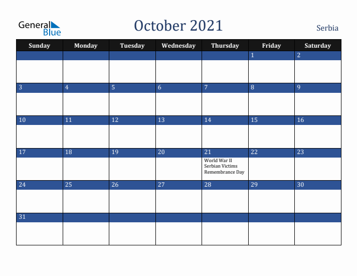 October 2021 Serbia Calendar (Sunday Start)