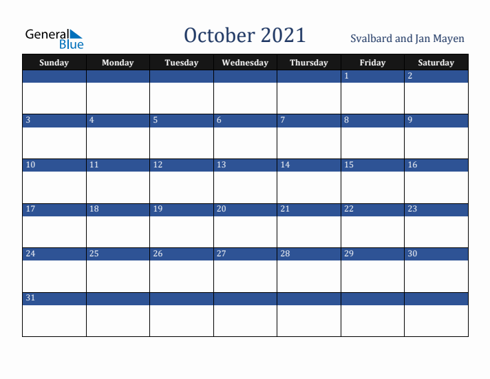 October 2021 Svalbard and Jan Mayen Calendar (Sunday Start)