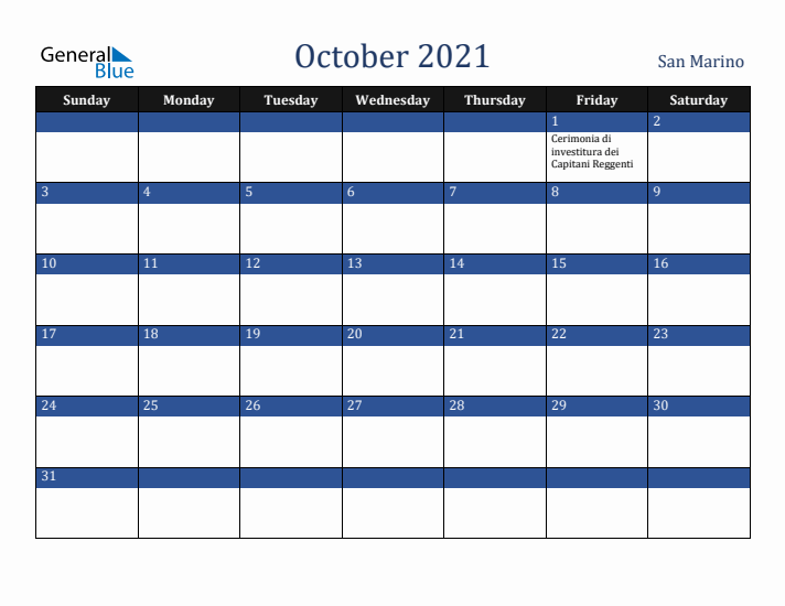 October 2021 San Marino Calendar (Sunday Start)