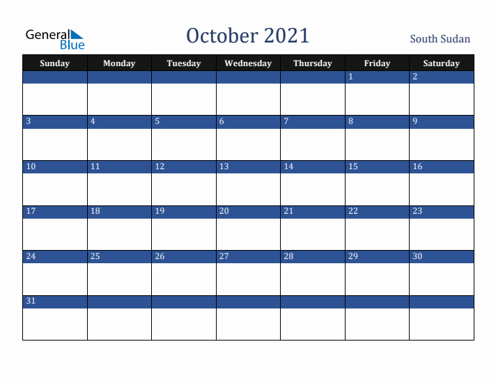 October 2021 South Sudan Calendar (Sunday Start)