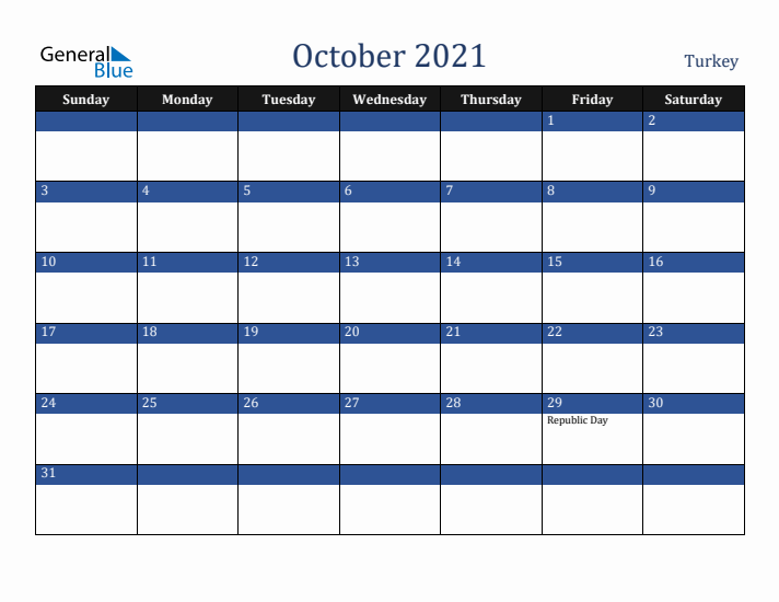 October 2021 Turkey Calendar (Sunday Start)