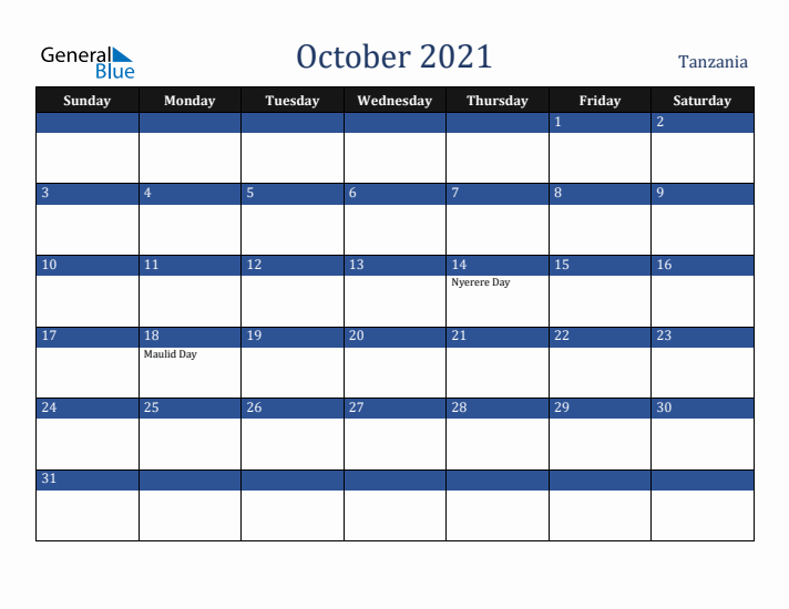 October 2021 Tanzania Calendar (Sunday Start)