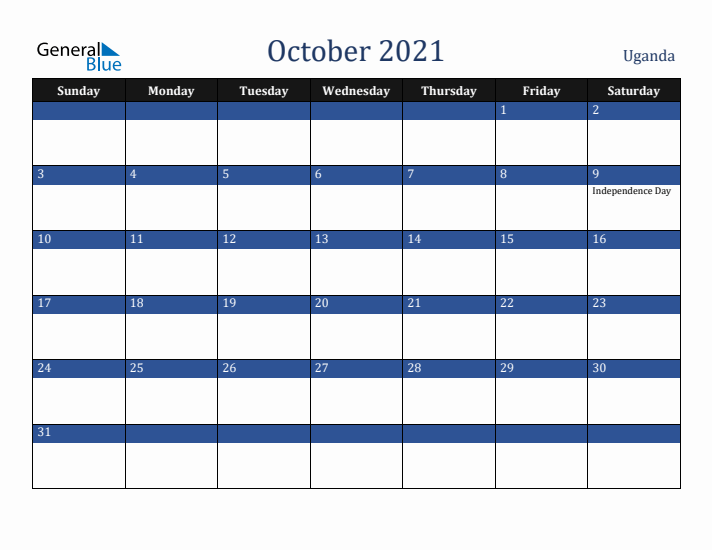 October 2021 Uganda Calendar (Sunday Start)