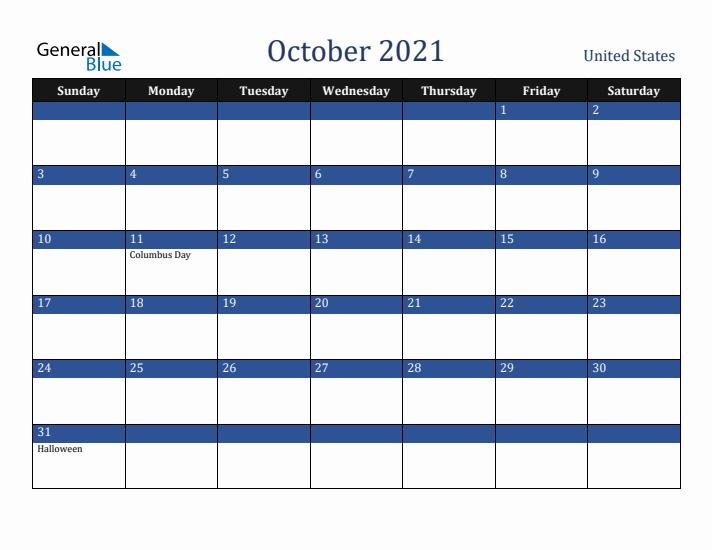 October 2021 United States Calendar (Sunday Start)