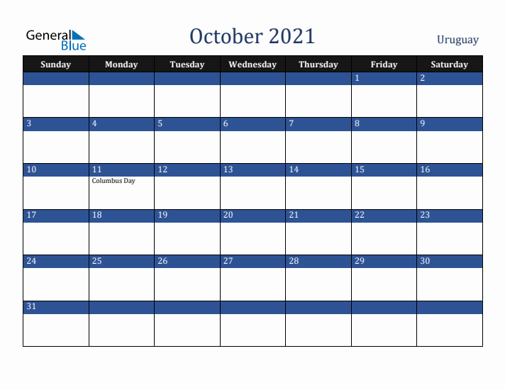 October 2021 Uruguay Calendar (Sunday Start)