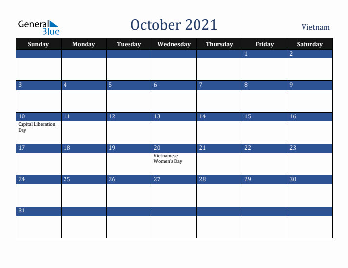 October 2021 Vietnam Calendar (Sunday Start)