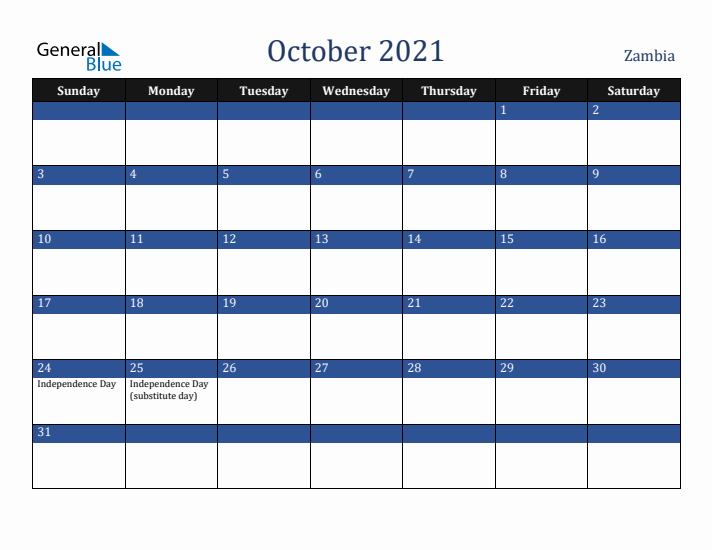 October 2021 Zambia Calendar (Sunday Start)