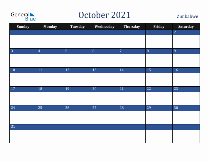 October 2021 Zimbabwe Calendar (Sunday Start)