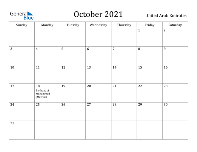 October 2021 Calendar United Arab Emirates