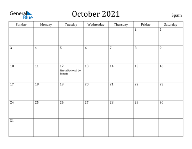 spain october 2021 calendar with holidays