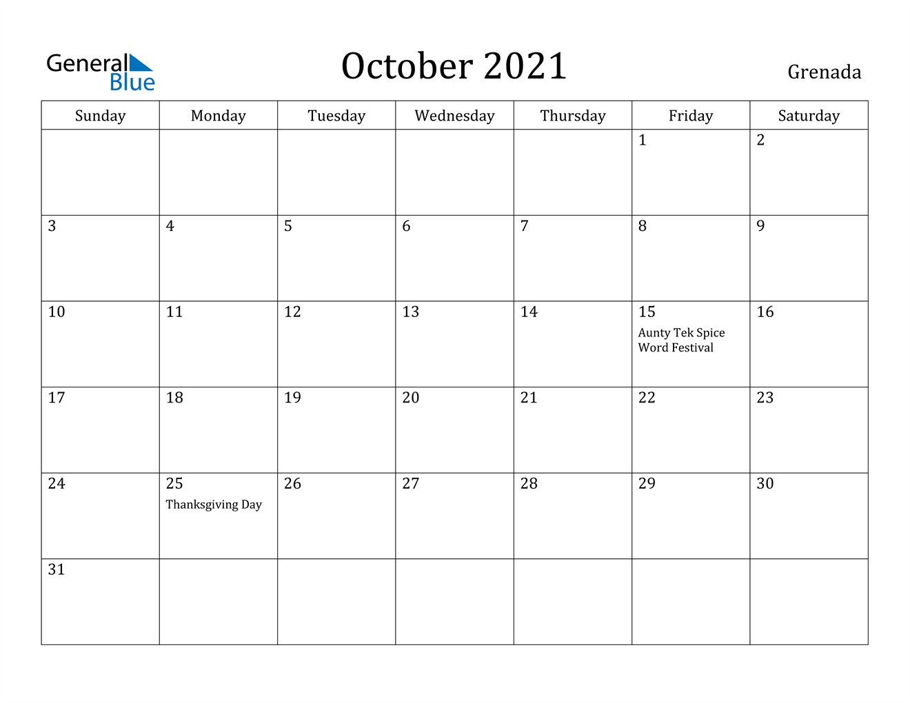 October 2021 Calendar - Grenada