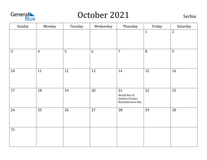 October 2021 Calendar Serbia