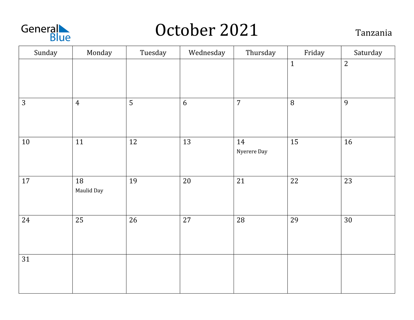 october 2021 calendar tanzania