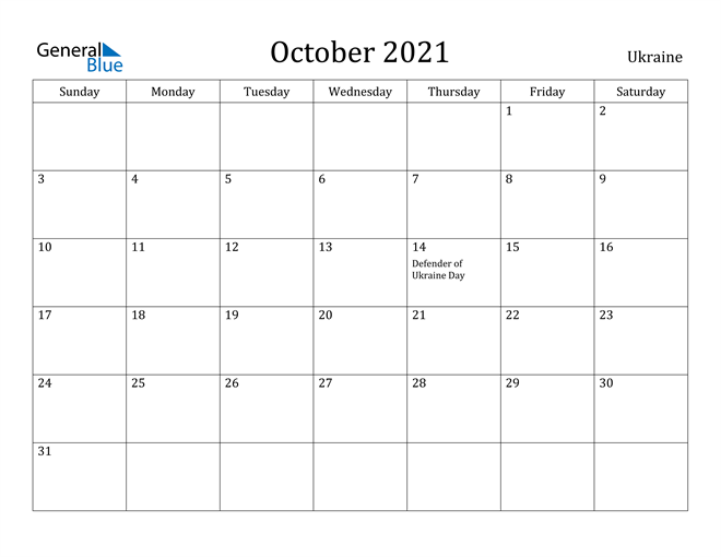 October 2021 Calendar Ukraine