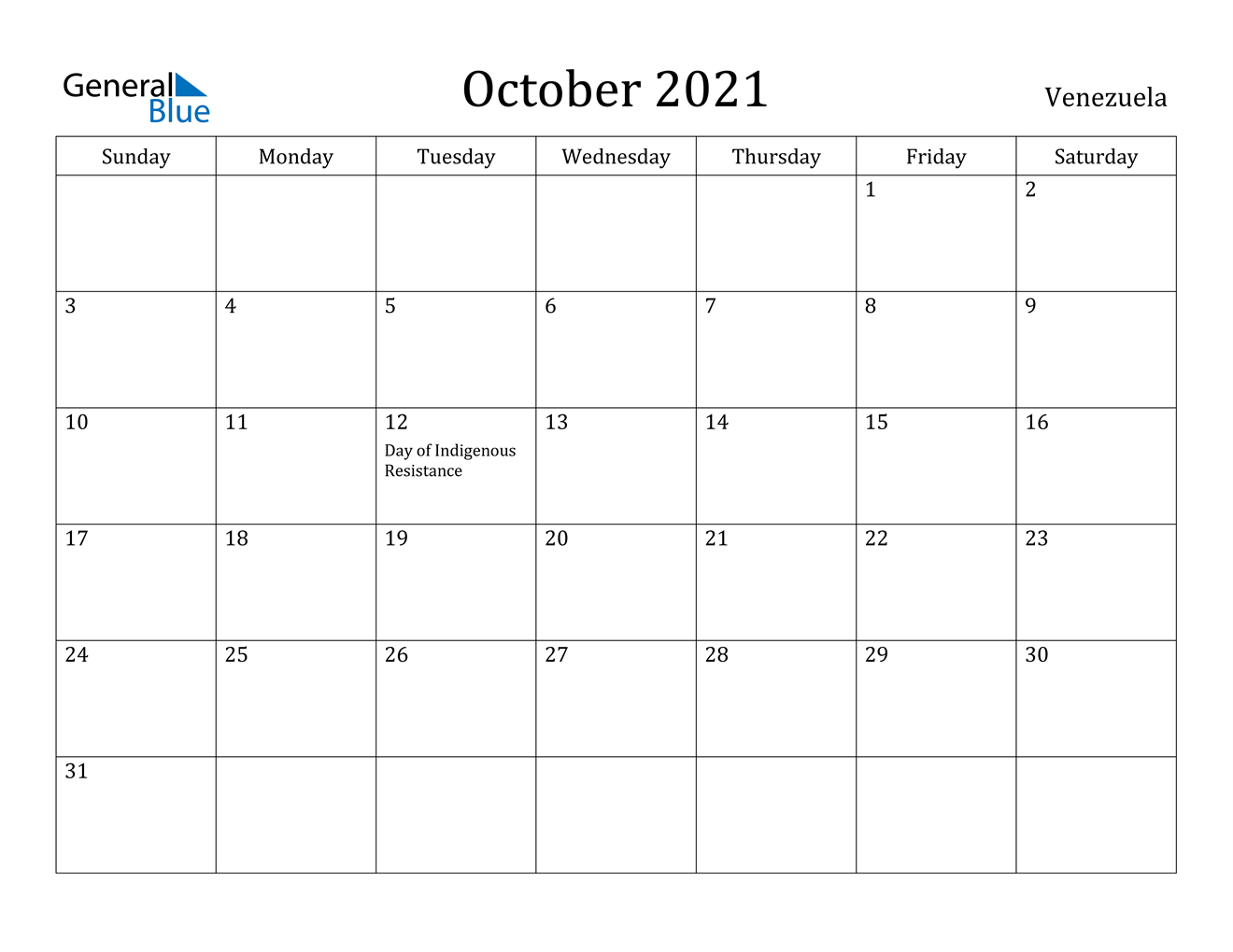 october 2021 calendar venezuela