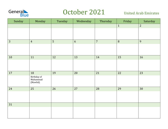 October 2021 Calendar with United Arab Emirates Holidays