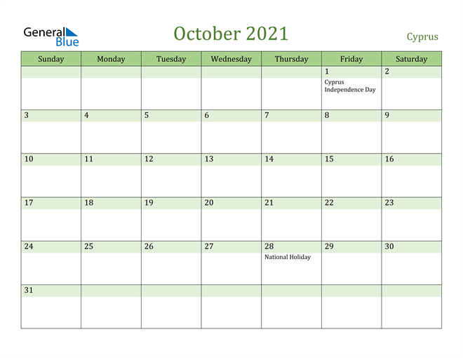 October 2021 Calendar with Cyprus Holidays