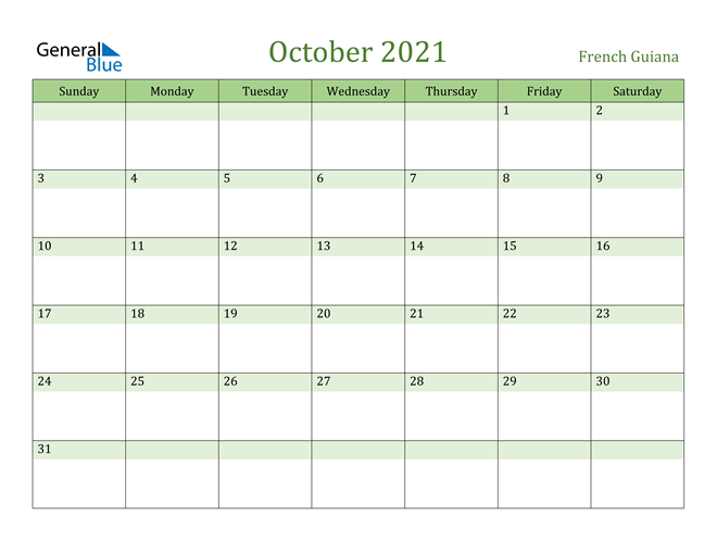 October 2021 Calendar with French Guiana Holidays