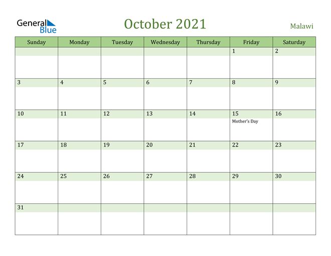 October 2021 Calendar with Malawi Holidays