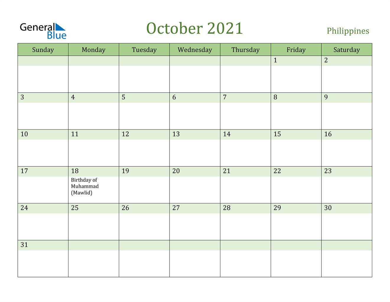 October 2021 Calendar Philippines