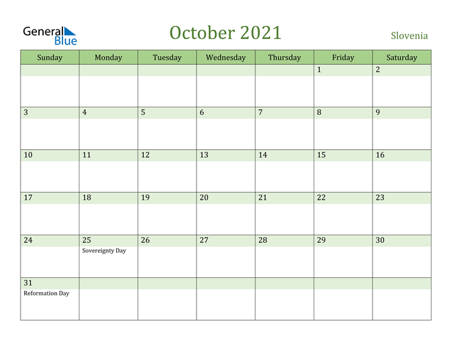 October 2021 Calendar with Slovenia Holidays