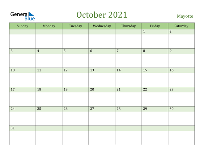 October 2021 Calendar with Mayotte Holidays