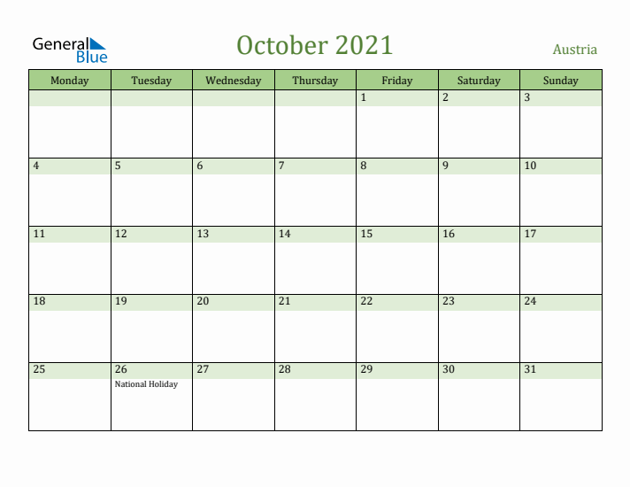 October 2021 Calendar with Austria Holidays