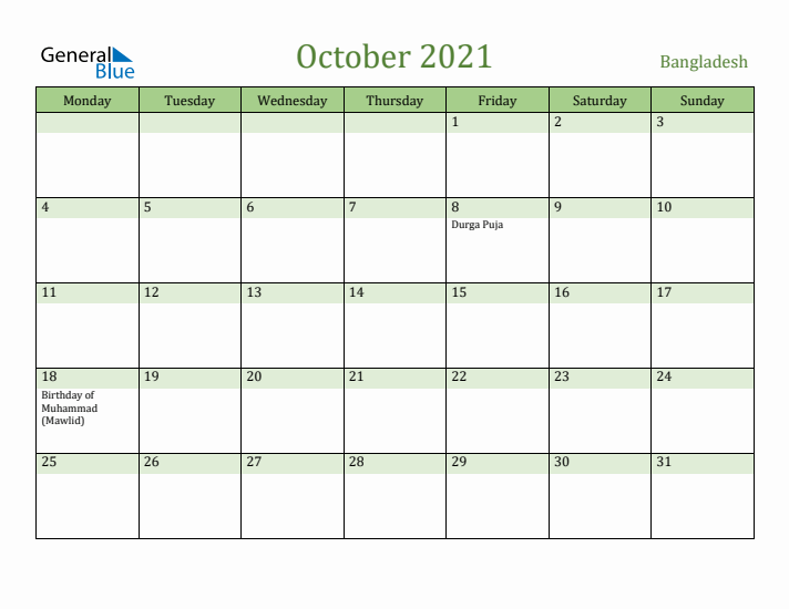 October 2021 Calendar with Bangladesh Holidays
