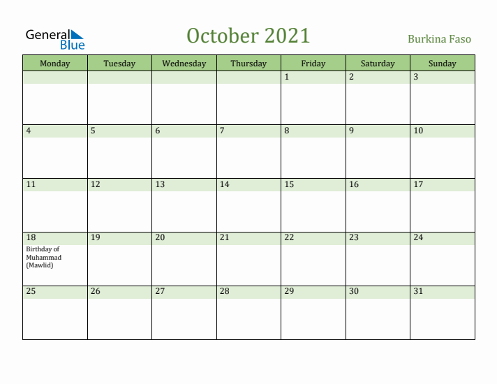 October 2021 Calendar with Burkina Faso Holidays