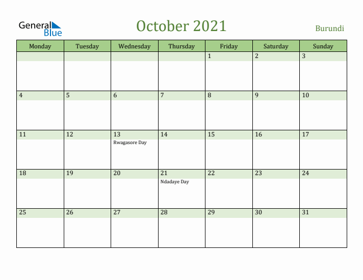 October 2021 Calendar with Burundi Holidays
