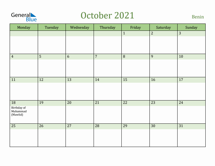 October 2021 Calendar with Benin Holidays