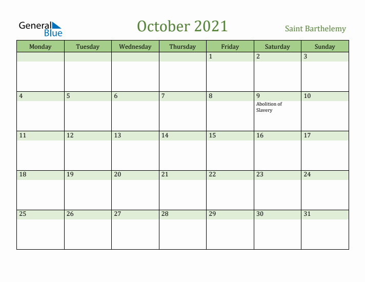 October 2021 Calendar with Saint Barthelemy Holidays
