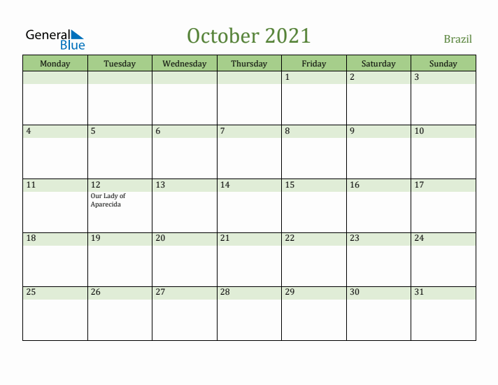 October 2021 Calendar with Brazil Holidays