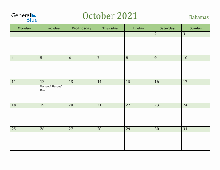 October 2021 Calendar with Bahamas Holidays