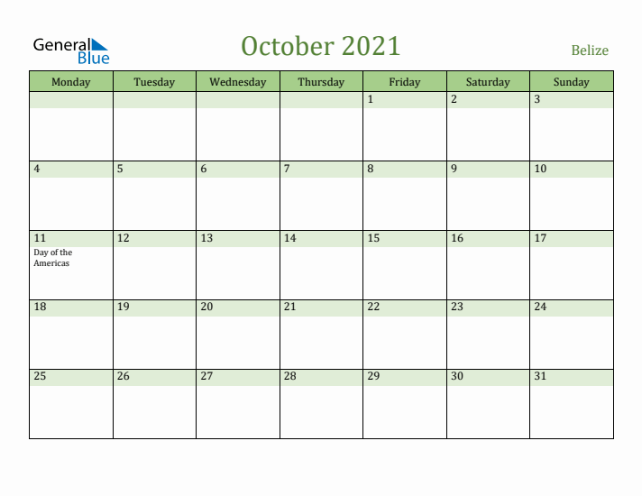 October 2021 Calendar with Belize Holidays