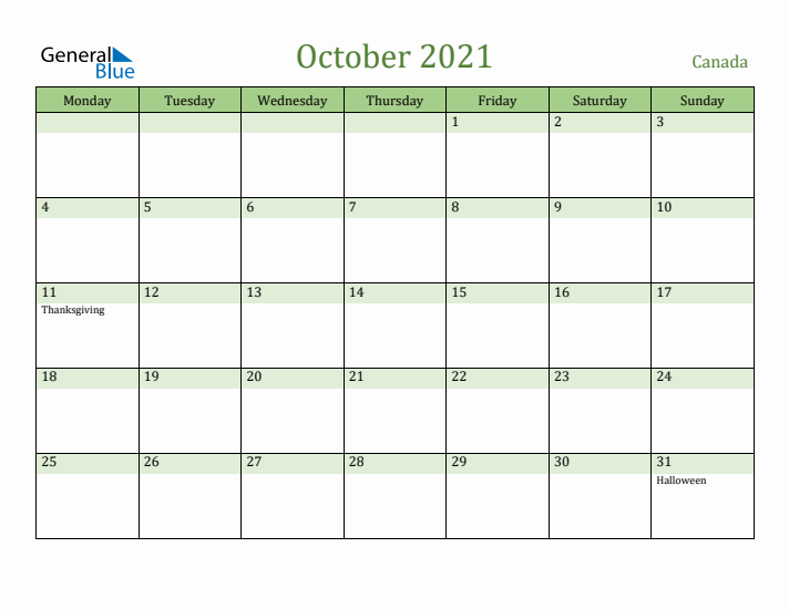 October 2021 Calendar with Canada Holidays