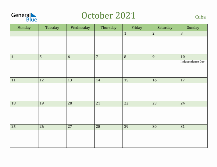 October 2021 Calendar with Cuba Holidays