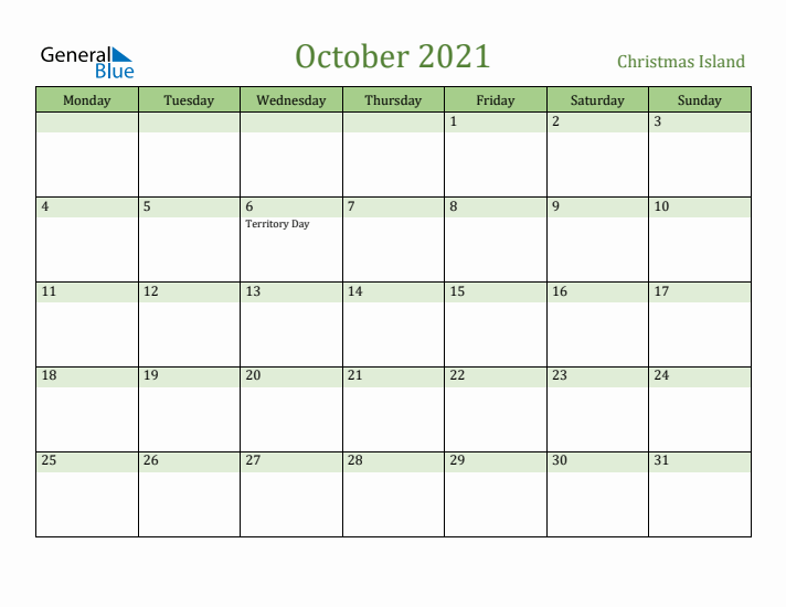 October 2021 Calendar with Christmas Island Holidays